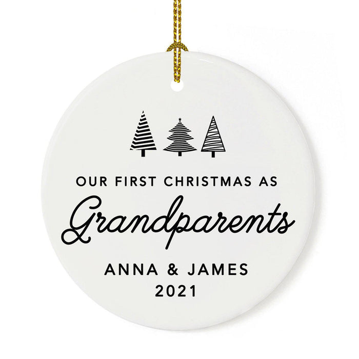 Custom Our First Christmas As Grandparents 2021, Round Porcelain Ceramic Ornament-Set of 1-Andaz Press-Modern Black and White-
