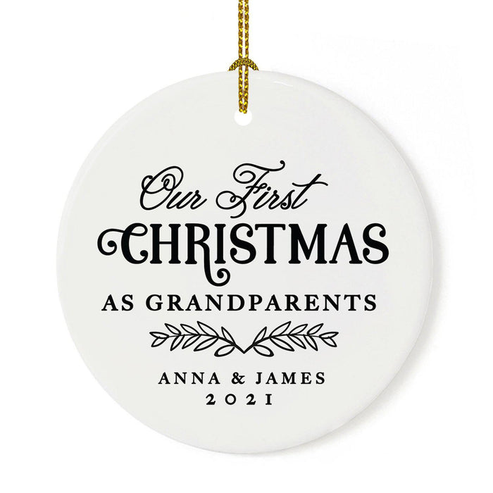 Custom Our First Christmas As Grandparents 2021, Round Porcelain Ceramic Ornament-Set of 1-Andaz Press-Modern Black and White-