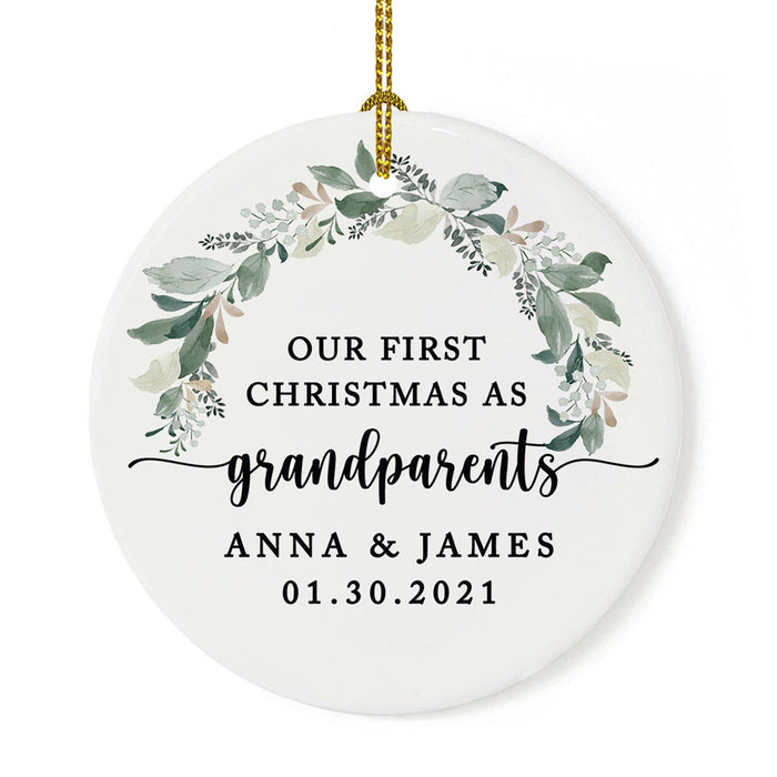 Custom Our First Christmas As Grandparents 2021, Round Porcelain Ceramic Ornament-Set of 1-Andaz Press-Foliage Wreath-