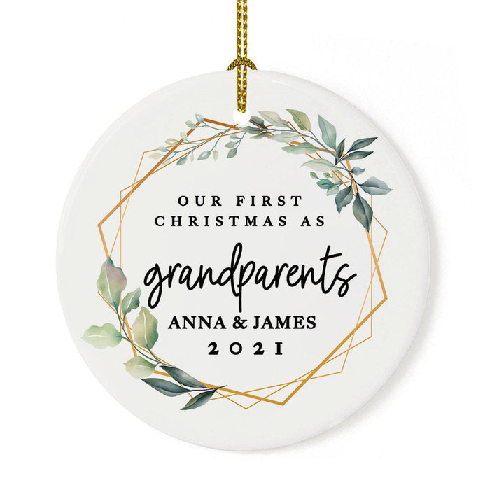 Custom Our First Christmas As Grandparents 2021, Round Porcelain Ceramic Ornament-Set of 1-Andaz Press-Geometric Greenery-