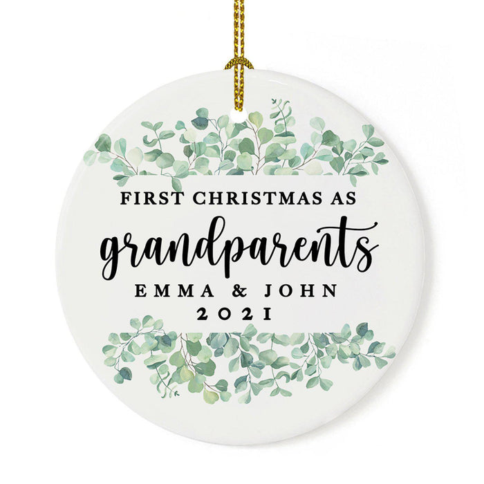 Custom Our First Christmas As Grandparents 2021, Round Porcelain Ceramic Ornament-Set of 1-Andaz Press-Greenery Eucalyptus-