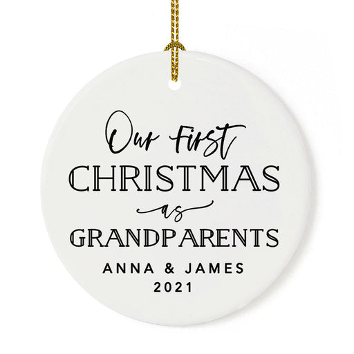 Custom Our First Christmas As Grandparents 2021, Round Porcelain Ceramic Ornament-Set of 1-Andaz Press-Modern Black and White-