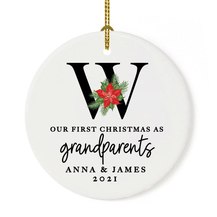 Custom Our First Christmas As Grandparents 2021, Round Porcelain Ceramic Ornament-Set of 1-Andaz Press-Monogram Poinsettia-
