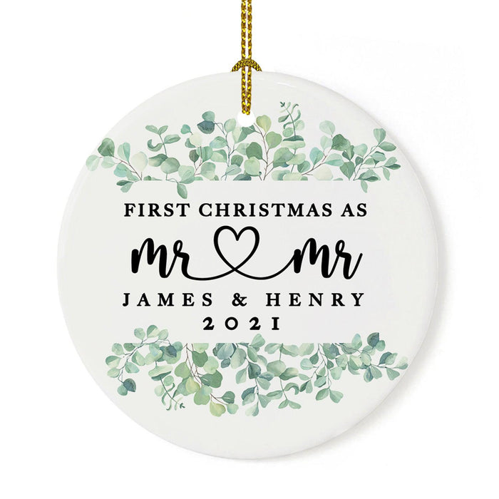Custom Our First Christmas As Mr. & Mr. 20XX Christmas Ornament 2.8" Round Porcelain Men Newlyweds-Set of 1-Andaz Press-Modern Black and White-