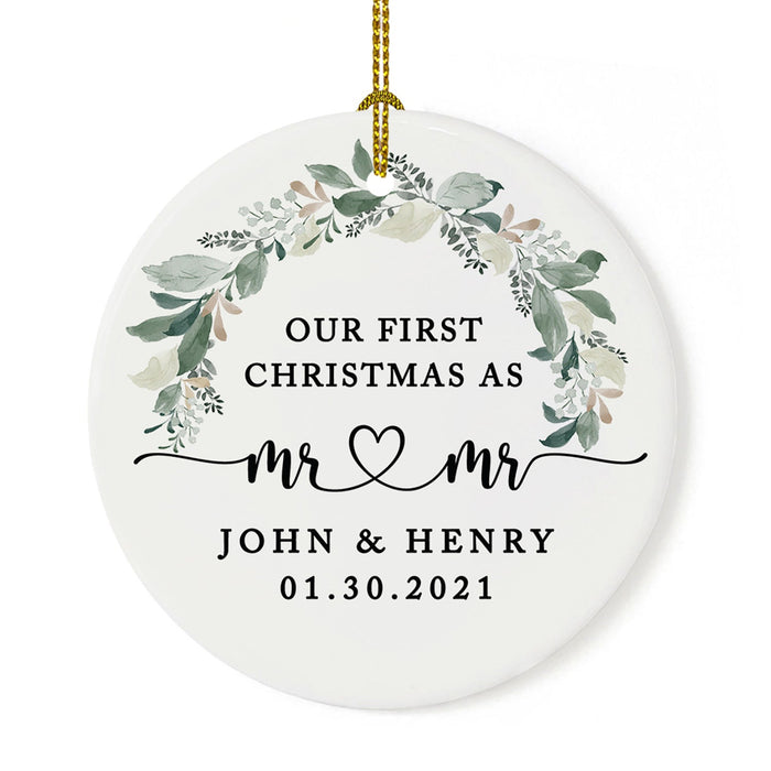 Custom Our First Christmas As Mr. & Mr. 20XX Christmas Ornament 2.8" Round Porcelain Men Newlyweds-Set of 1-Andaz Press-Modern Black and White-