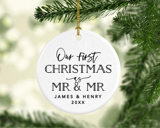 Custom Our First Christmas As Mr. & Mr. 20XX Christmas Ornament 2.8" Round Porcelain Men Newlyweds-Set of 1-Andaz Press-Modern Black and White-
