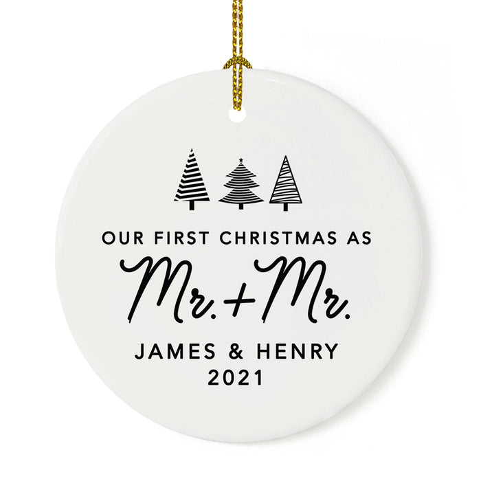 Custom Our First Christmas As Mr. & Mr. 20XX Christmas Ornament 2.8" Round Porcelain Men Newlyweds-Set of 1-Andaz Press-Modern Black and White-