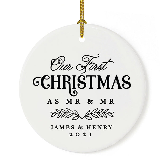 Custom Our First Christmas As Mr. & Mr. 20XX Christmas Ornament 2.8" Round Porcelain Men Newlyweds-Set of 1-Andaz Press-Modern Black and White-
