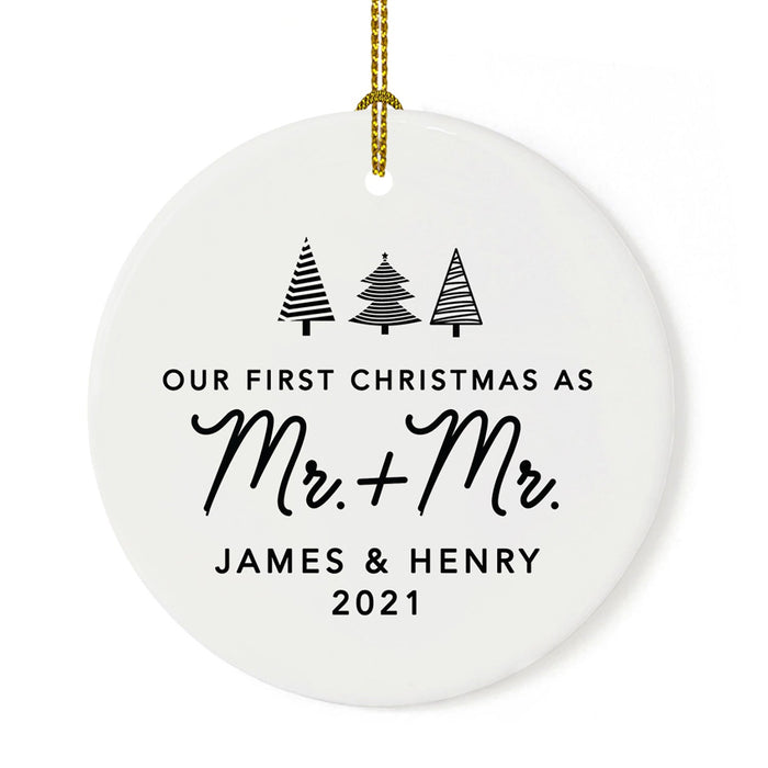 Custom Our First Christmas As Mr. & Mr. 20XX Christmas Ornament 2.8" Round Porcelain Men Newlyweds-Set of 1-Andaz Press-Christmas Trees-