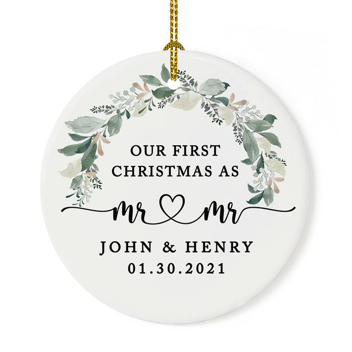 Custom Our First Christmas As Mr. & Mr. 20XX Christmas Ornament 2.8" Round Porcelain Men Newlyweds-Set of 1-Andaz Press-Foliage Wreath-