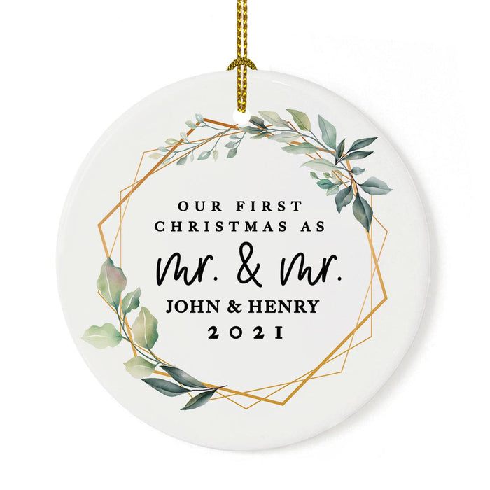 Custom Our First Christmas As Mr. & Mr. 20XX Christmas Ornament 2.8" Round Porcelain Men Newlyweds-Set of 1-Andaz Press-Geometric Greenery-