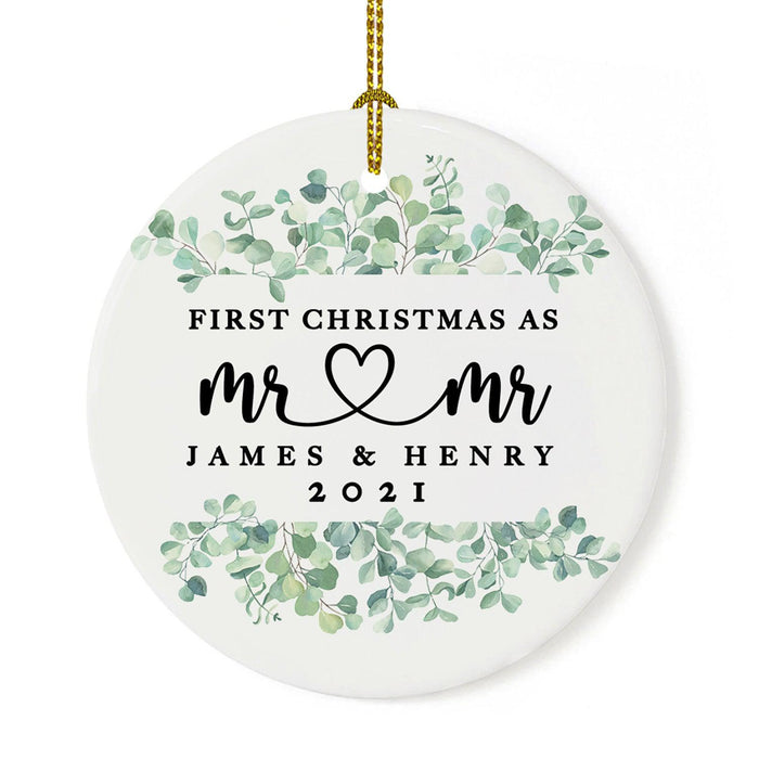 Custom Our First Christmas As Mr. & Mr. 20XX Christmas Ornament 2.8" Round Porcelain Men Newlyweds-Set of 1-Andaz Press-Greenery Eucalyptus-