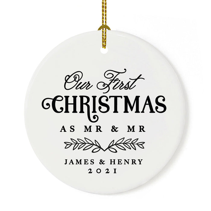 Custom Our First Christmas As Mr. & Mr. 20XX Christmas Ornament 2.8" Round Porcelain Men Newlyweds-Set of 1-Andaz Press-Laurel Wreath Leaves-