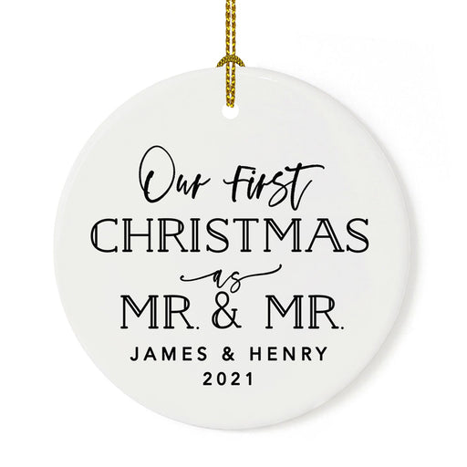 Custom Our First Christmas As Mr. & Mr. 20XX Christmas Ornament 2.8" Round Porcelain Men Newlyweds-Set of 1-Andaz Press-Modern Black and White-