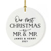 Custom Our First Christmas As Mr. & Mr. 20XX Christmas Ornament 2.8" Round Porcelain Men Newlyweds-Set of 1-Andaz Press-Modern Black and White-