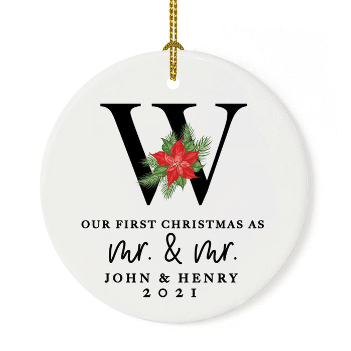 Custom Our First Christmas As Mr. & Mr. 20XX Christmas Ornament 2.8" Round Porcelain Men Newlyweds-Set of 1-Andaz Press-Monogram Poinsettia-
