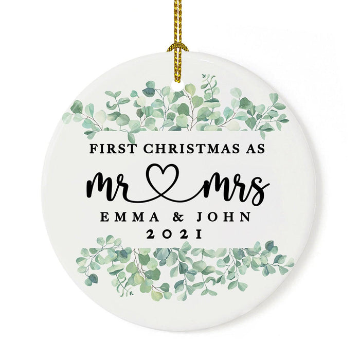 Custom Our First Christmas As Mr. & Mrs. 20XX Christmas Ornaments Round Porcelain-Set of 1-Andaz Press-Modern Black and White-