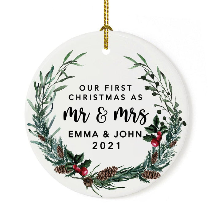 Custom Our First Christmas As Mr. & Mrs. 20XX Christmas Ornaments Round Porcelain-Set of 1-Andaz Press-Modern Black and White-
