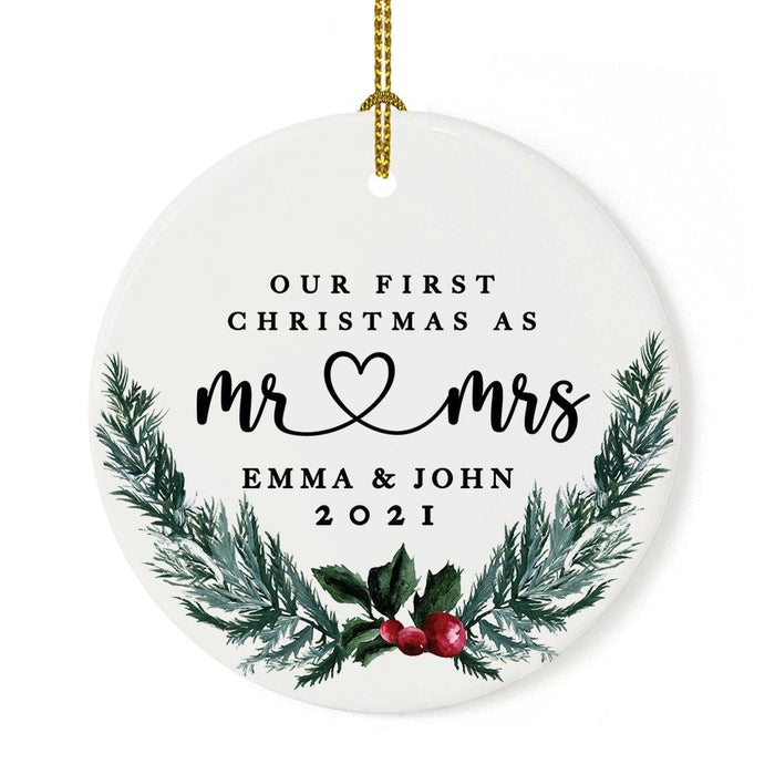 Custom Our First Christmas As Mr. & Mrs. 20XX Christmas Ornaments Round Porcelain-Set of 1-Andaz Press-Modern Black and White-