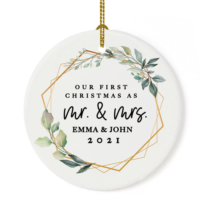 Custom Our First Christmas As Mr. & Mrs. 20XX Christmas Ornaments Round Porcelain-Set of 1-Andaz Press-Modern Black and White-