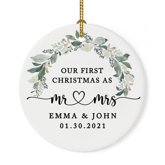 Custom Our First Christmas As Mr. & Mrs. 20XX Christmas Ornaments Round Porcelain-Set of 1-Andaz Press-Modern Black and White-