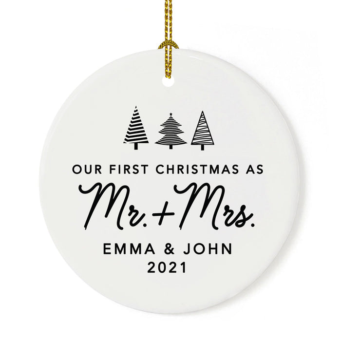 Custom Our First Christmas As Mr. & Mrs. 20XX Christmas Ornaments Round Porcelain-Set of 1-Andaz Press-Modern Black and White-