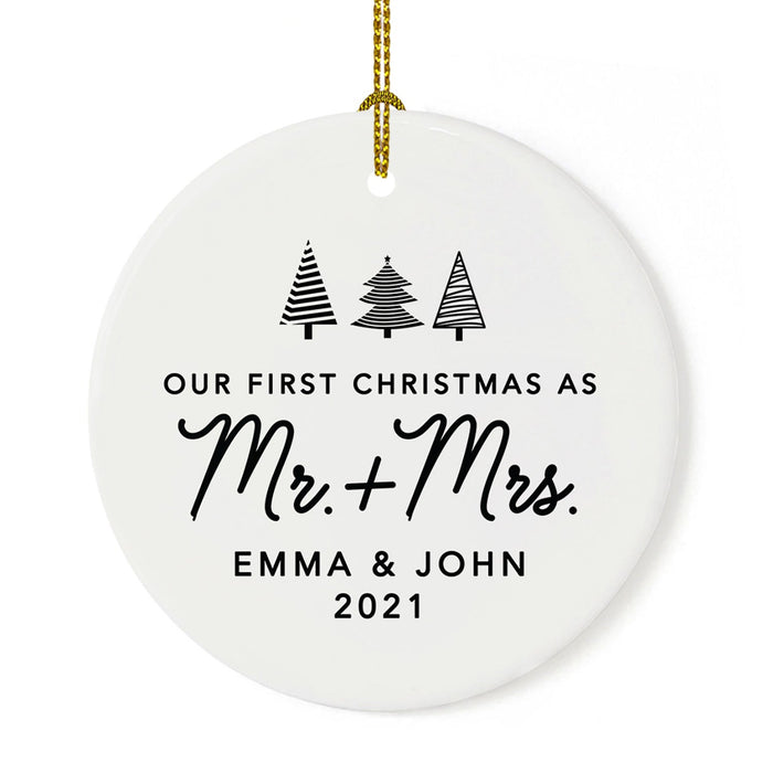 Custom Our First Christmas As Mr. & Mrs. 20XX Christmas Ornaments Round Porcelain-Set of 1-Andaz Press-Christmas Trees-