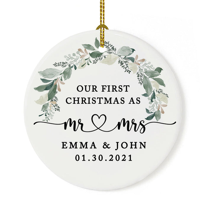 Custom Our First Christmas As Mr. & Mrs. 20XX Christmas Ornaments Round Porcelain-Set of 1-Andaz Press-Foliage Wreath-
