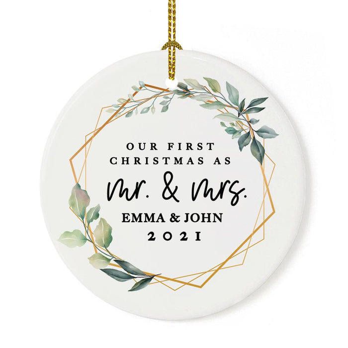 Custom Our First Christmas As Mr. & Mrs. 20XX Christmas Ornaments Round Porcelain-Set of 1-Andaz Press-Geometric Greenery-