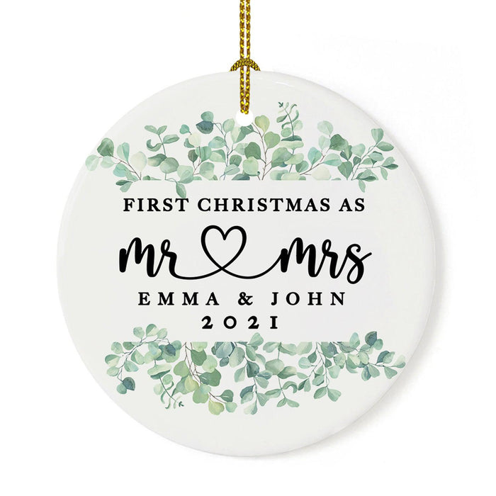 Custom Our First Christmas As Mr. & Mrs. 20XX Christmas Ornaments Round Porcelain-Set of 1-Andaz Press-Greenery Eucalyptus-