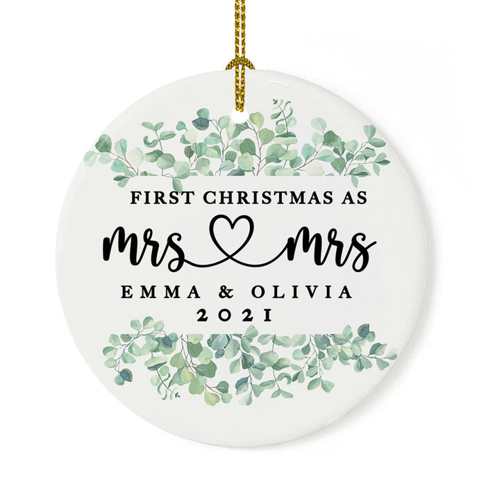 Custom Our First Christmas As Mrs. & Mrs. 20XX Christmas Ornament Round Porcelain Lesbian Married Newlyweds-Set of 1-Andaz Press-Modern Black and White-