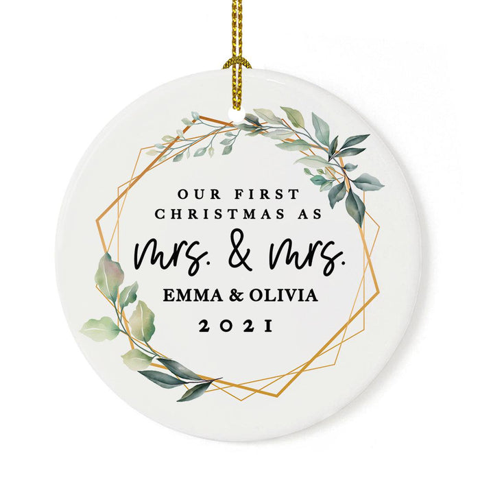 Custom Our First Christmas As Mrs. & Mrs. 20XX Christmas Ornament Round Porcelain Lesbian Married Newlyweds-Set of 1-Andaz Press-Modern Black and White-