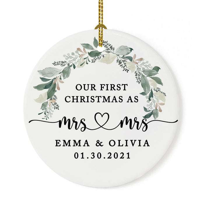 Custom Our First Christmas As Mrs. & Mrs. 20XX Christmas Ornament Round Porcelain Lesbian Married Newlyweds-Set of 1-Andaz Press-Modern Black and White-