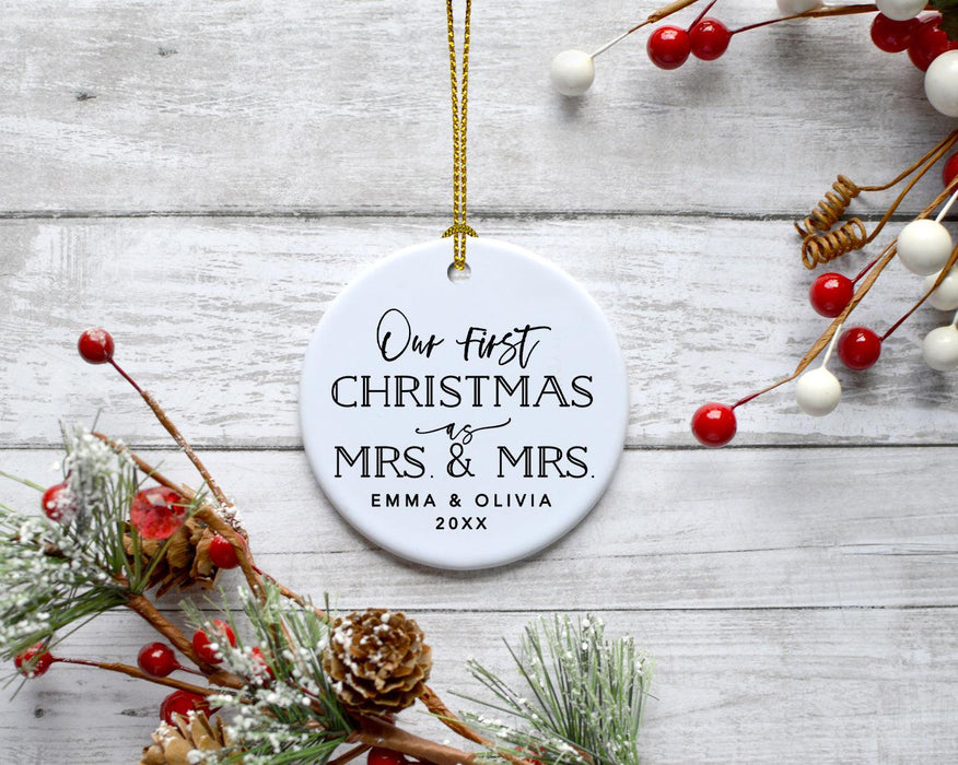 Custom Our First Christmas As Mrs. & Mrs. 20XX Christmas Ornament Round Porcelain Lesbian Married Newlyweds-Set of 1-Andaz Press-Modern Black and White-