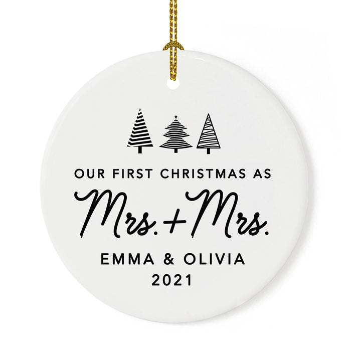Custom Our First Christmas As Mrs. & Mrs. 20XX Christmas Ornament Round Porcelain Lesbian Married Newlyweds-Set of 1-Andaz Press-Christmas Trees-