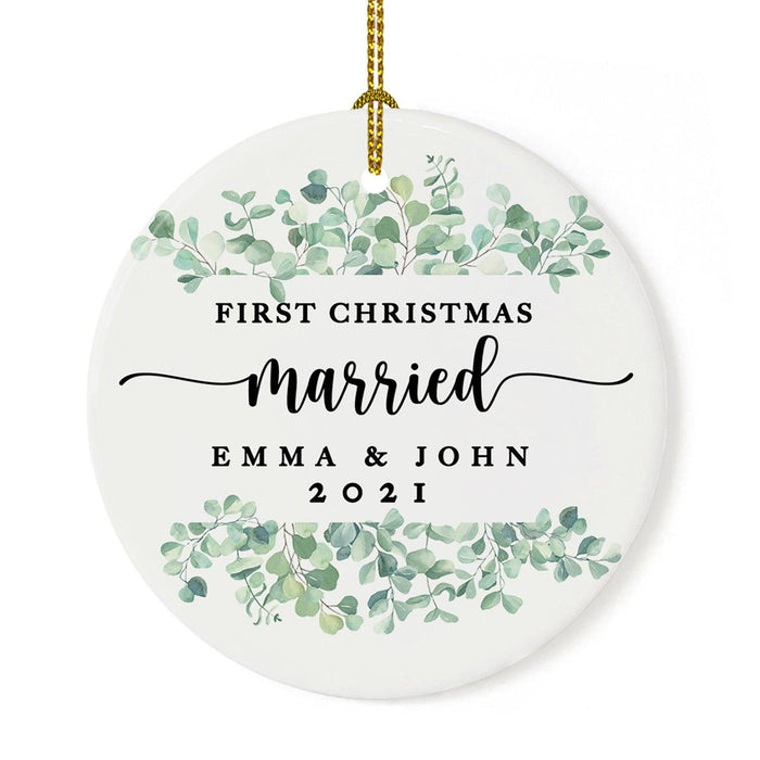 Custom Our First Christmas Married 202X Christmas Ornaments 2.8" Round Porcelain Ceramic 1st Year Married-Set of 1-Andaz Press-Modern Black and White-