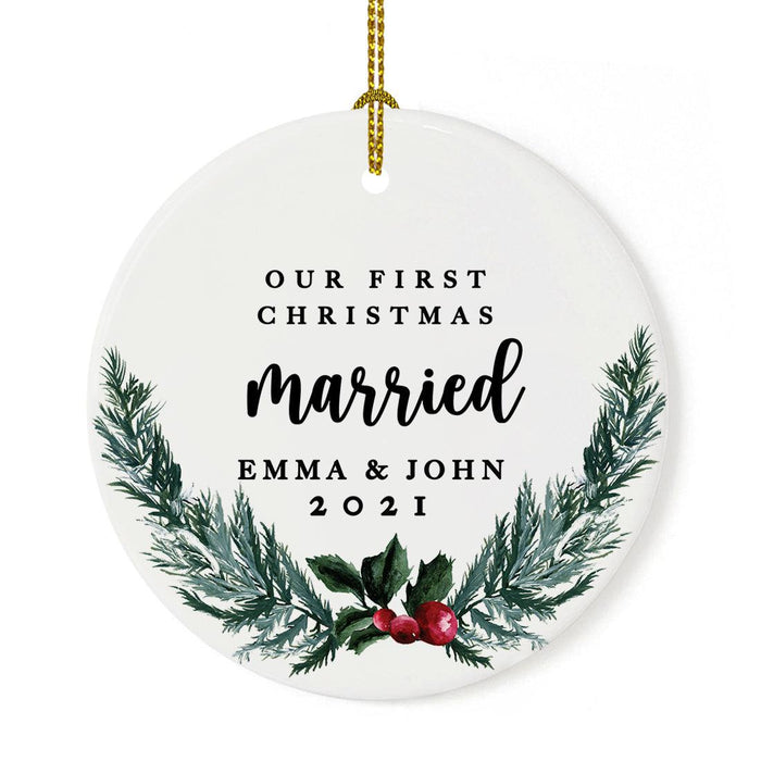 Custom Our First Christmas Married 202X Christmas Ornaments 2.8" Round Porcelain Ceramic 1st Year Married-Set of 1-Andaz Press-Modern Black and White-