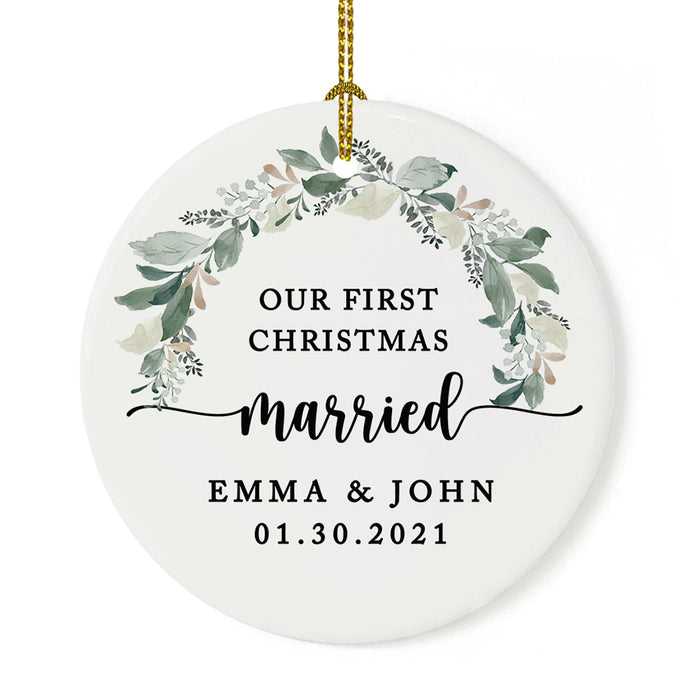 Custom Our First Christmas Married 202X Christmas Ornaments 2.8" Round Porcelain Ceramic 1st Year Married-Set of 1-Andaz Press-Modern Black and White-