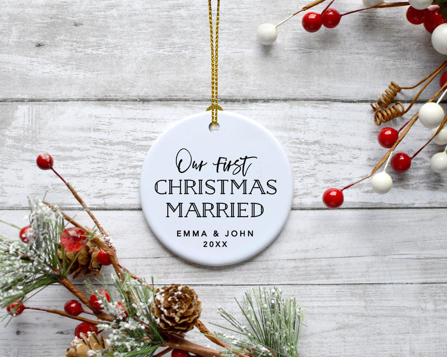 Custom Our First Christmas Married 202X Christmas Ornaments 2.8" Round Porcelain Ceramic 1st Year Married-Set of 1-Andaz Press-Modern Black and White-