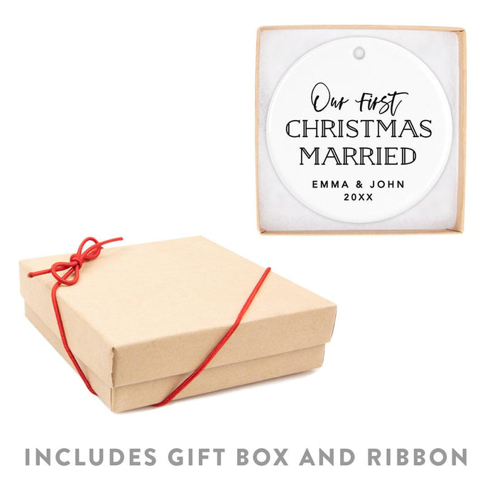 Custom Our First Christmas Married 202X Christmas Ornaments 2.8" Round Porcelain Ceramic 1st Year Married-Set of 1-Andaz Press-Modern Black and White-
