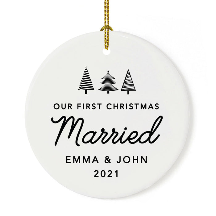 Custom Our First Christmas Married 202X Christmas Ornaments 2.8" Round Porcelain Ceramic 1st Year Married-Set of 1-Andaz Press-Modern Black and White-