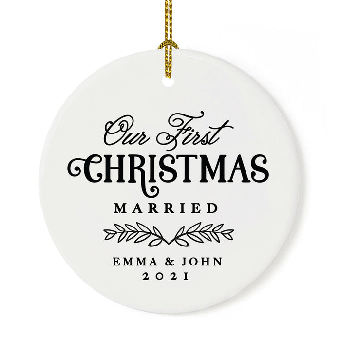 Custom Our First Christmas Married 202X Christmas Ornaments 2.8" Round Porcelain Ceramic 1st Year Married-Set of 1-Andaz Press-Modern Black and White-