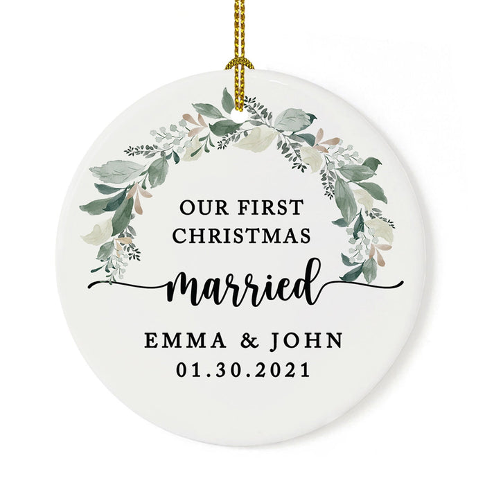 Custom Our First Christmas Married 202X Christmas Ornaments 2.8" Round Porcelain Ceramic 1st Year Married-Set of 1-Andaz Press-Foliage Wreath-