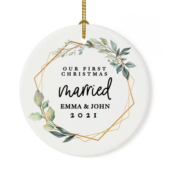 Custom Our First Christmas Married 202X Christmas Ornaments 2.8" Round Porcelain Ceramic 1st Year Married-Set of 1-Andaz Press-Geometric Greenery-