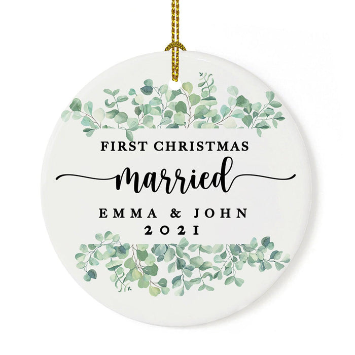 Custom Our First Christmas Married 202X Christmas Ornaments 2.8" Round Porcelain Ceramic 1st Year Married-Set of 1-Andaz Press-Greenery Eucalyptus-