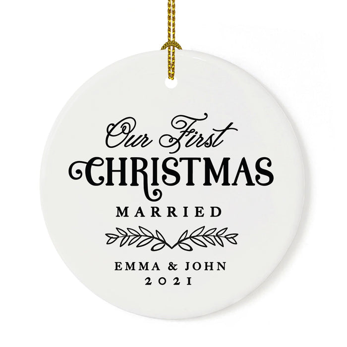 Custom Our First Christmas Married 202X Christmas Ornaments 2.8" Round Porcelain Ceramic 1st Year Married-Set of 1-Andaz Press-Laurel Wreath Leaves-