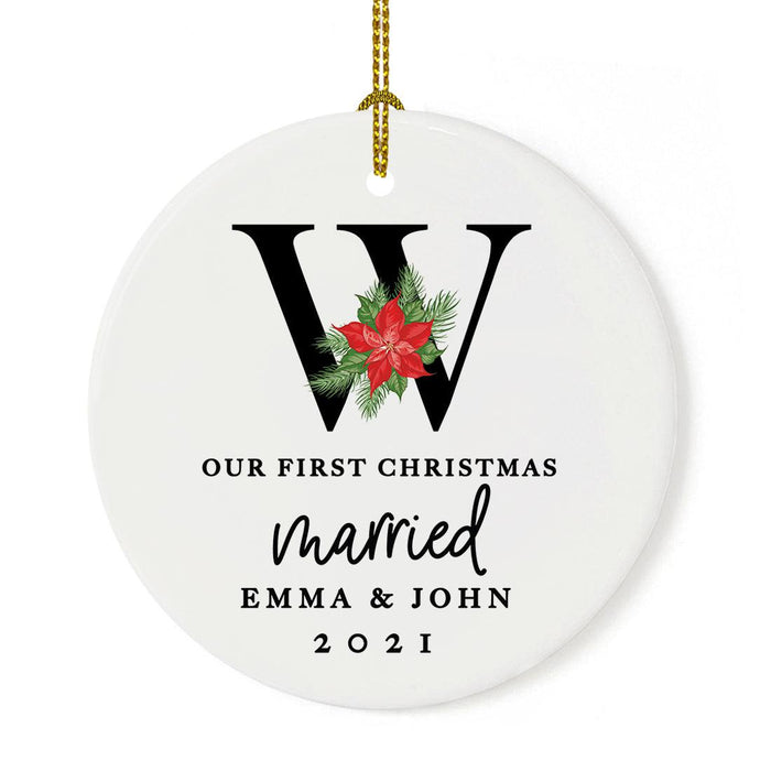 Custom Our First Christmas Married 202X Christmas Ornaments 2.8" Round Porcelain Ceramic 1st Year Married-Set of 1-Andaz Press-Monogram Poinsettia-