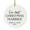 Custom Our First Christmas Married 202X Christmas Ornaments 2.8" Round Porcelain Ceramic 1st Year Married-Set of 1-Andaz Press-Modern Black and White-