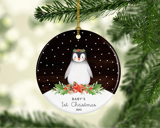 Custom Penguin New Baby Ceramic Christmas Ornament, Watercolor and Rustic Wood Design-Set of 1-Andaz Press-Girl Baby's 1st Christmas-