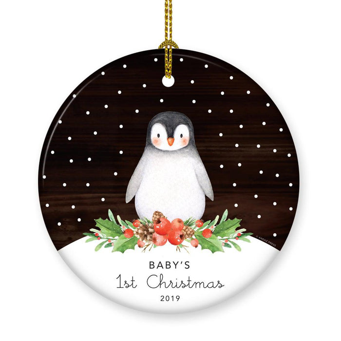 Custom Penguin New Baby Ceramic Christmas Ornament, Watercolor and Rustic Wood Design-Set of 1-Andaz Press-Boy Baby's 1st Christmas-